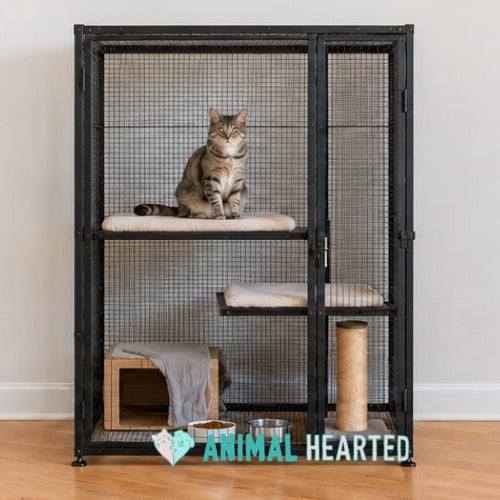 A tabby cat sitting on the upper cushioned shelf of a black metal and mesh indoor cat pen with a cardboard box den, a scratching post, and two bowls, on a wooden floor in front of a pale wall