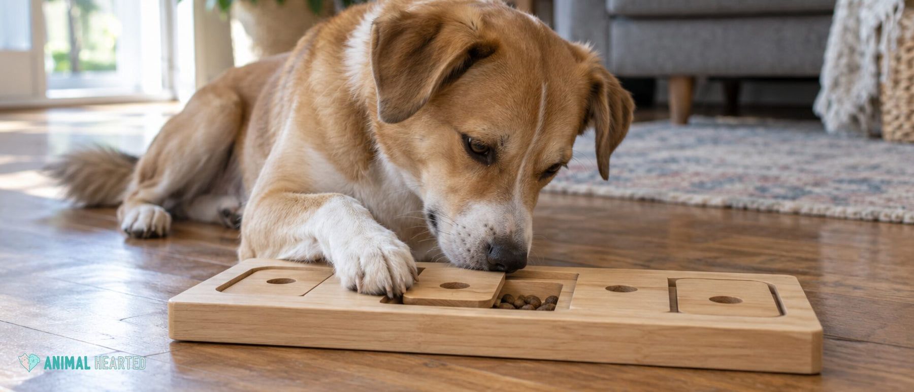 Tan and white dog lying on a wooden floor, nosing open a sliding lid on a wooden puzzle board to reach kibble