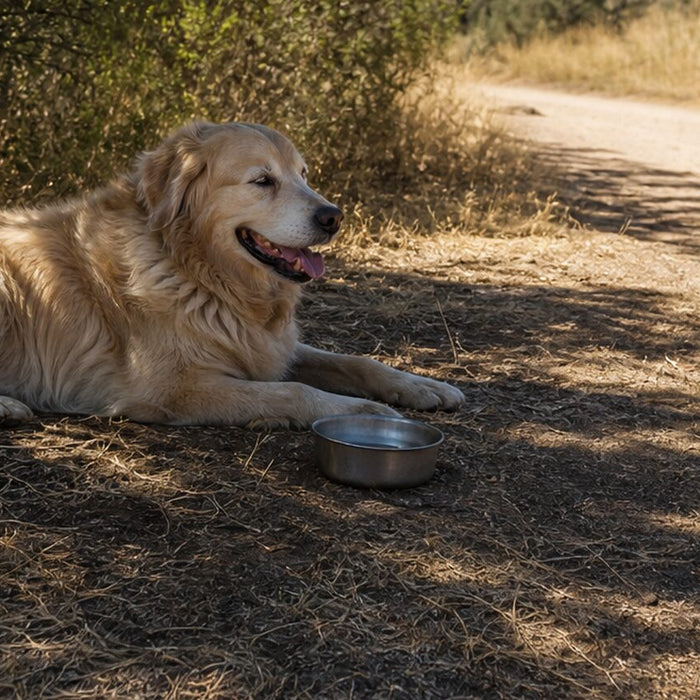 Golden retriever resting in the shade beside a water bowl on a summer trail