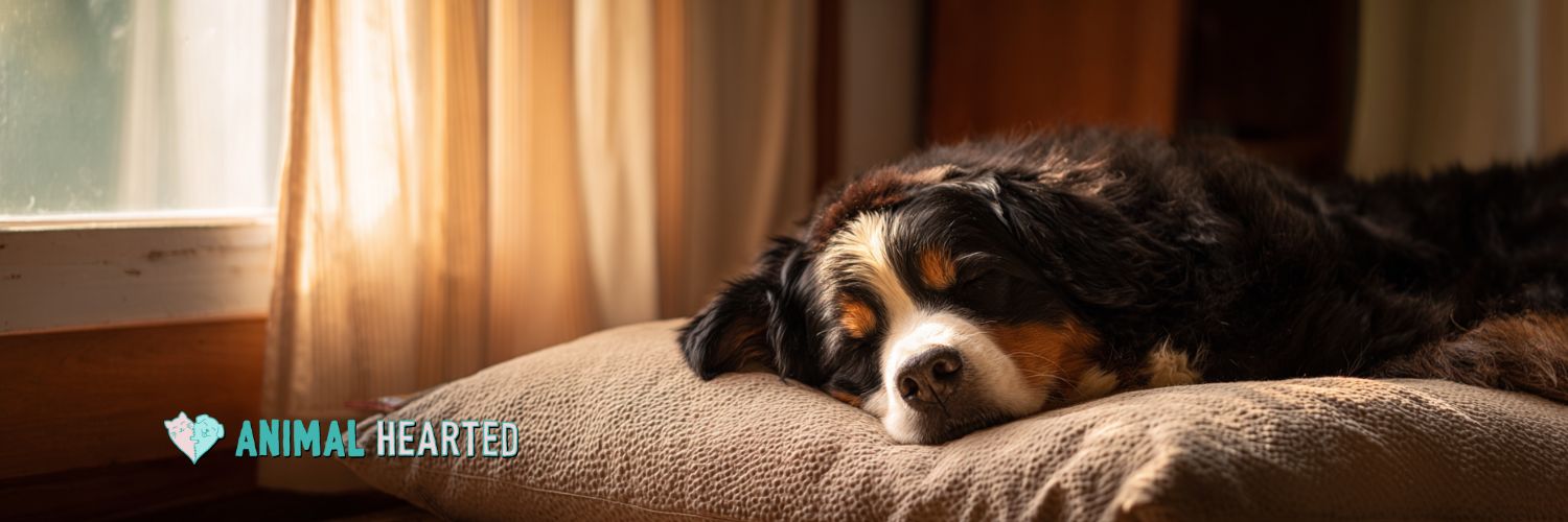 Senior Bernese Mountain Dog resting comfortably on orthopedic bed designed for large breed joint support