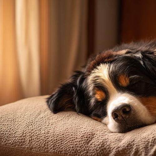 Senior Bernese Mountain Dog resting comfortably on orthopedic bed designed for large breed joint support