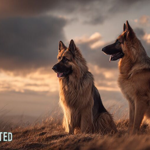 Two German Shepherds sitting on a grassy hillside at sunset, the dog on the left with a longer coat than the dog on the right