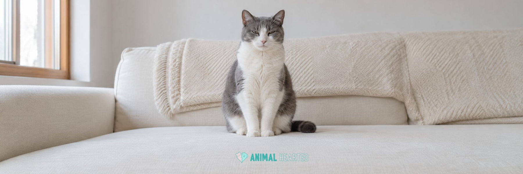 A gray and white cat with half closed eyes sitting upright on a cream sofa with a woven throw blanket behind it