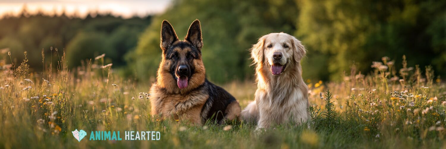 German Shepherd and Golden Retriever side by side in a meadow
