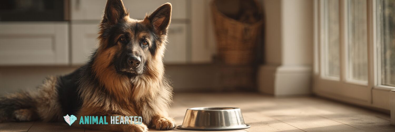 German Shepherd with a healthy coat beside a food bowl