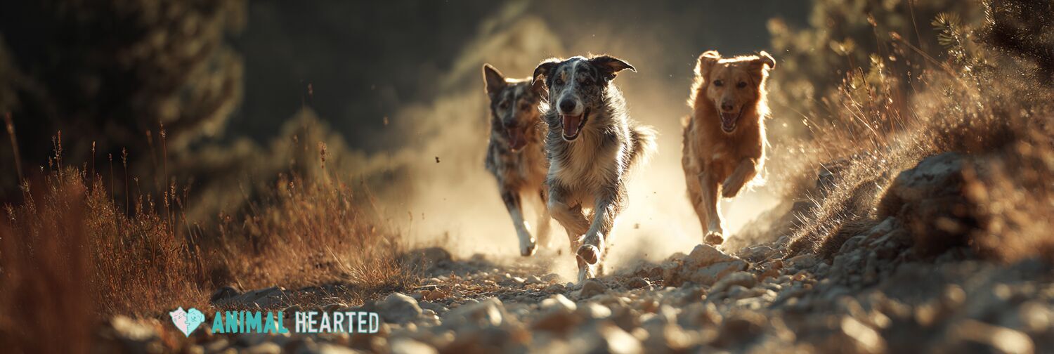Three athletic dogs running on a mountain trail