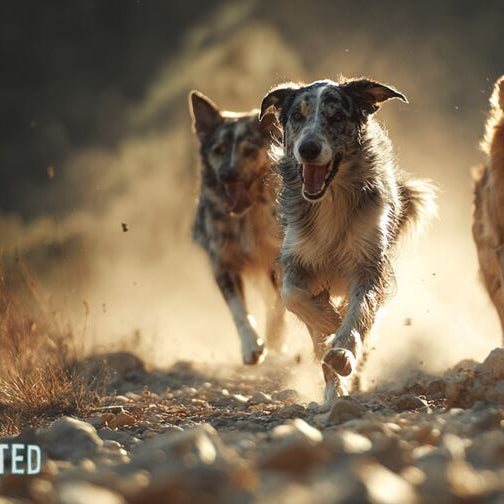 Three athletic dogs running on a mountain trail