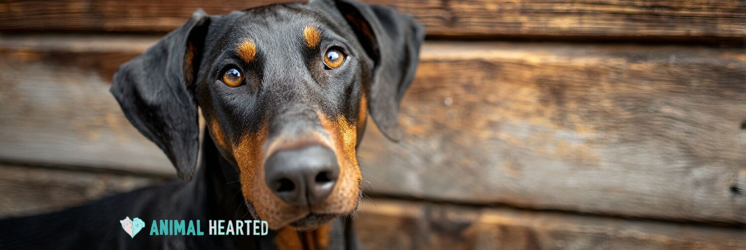 Doberman Pinscher sitting on a wooden porch