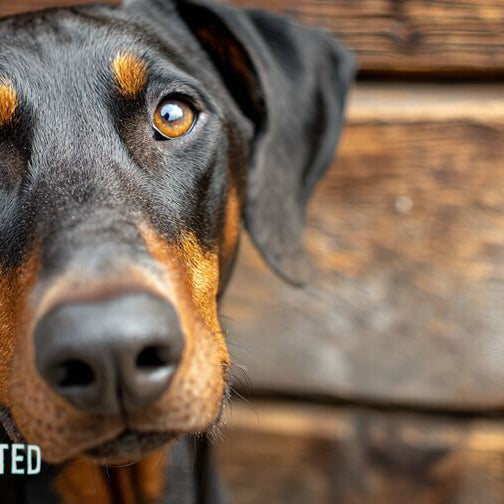 Doberman Pinscher sitting on a wooden porch