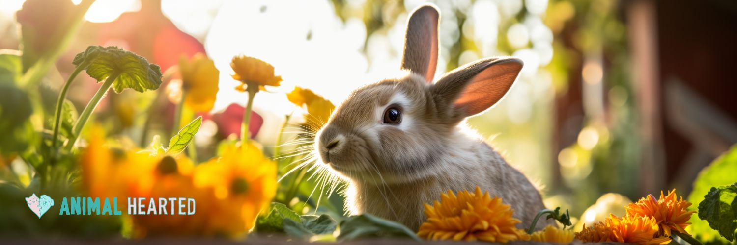 A light brown rabbit sitting among orange and yellow flowers in soft sunlight, facing left