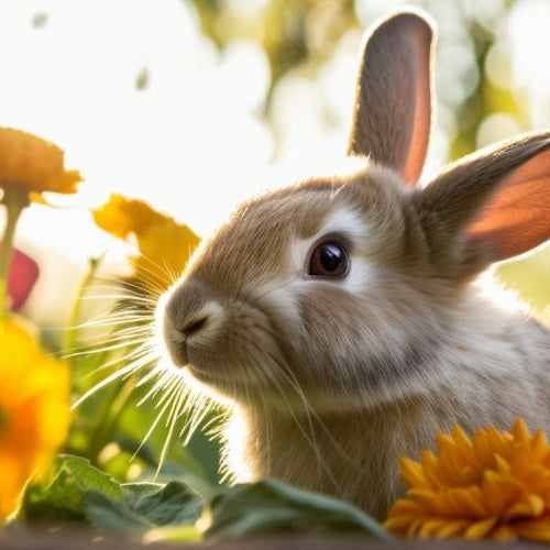A light brown rabbit sitting among orange and yellow flowers in soft sunlight, facing left
