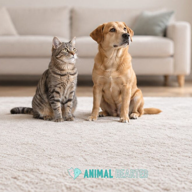 A gray tabby cat and a tan dog sit side by side on a cream rug in a bright living room, both looking up