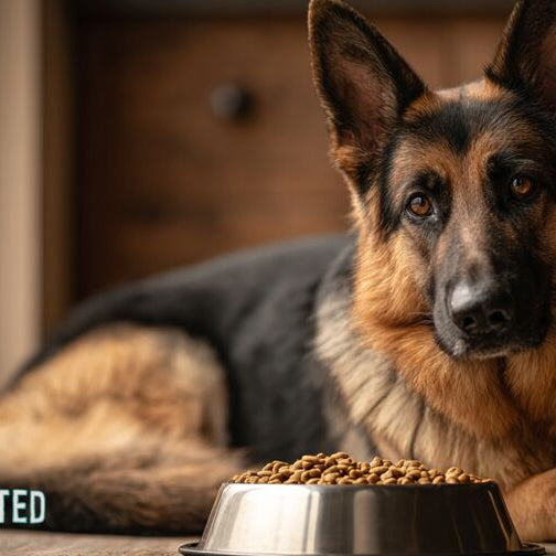 German Shepherd lying next to a stainless steel bowl of kibble in a warm kitchen
