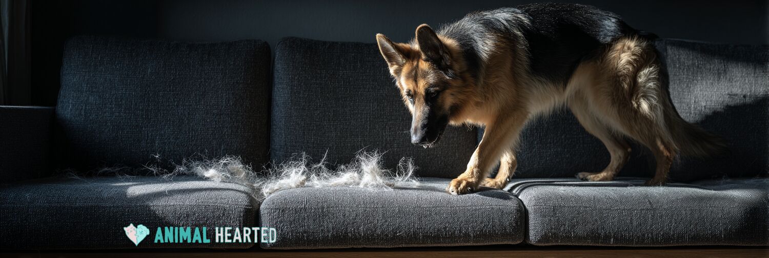 German Shepherd stepping off a dark gray couch with fine fur on the cushion