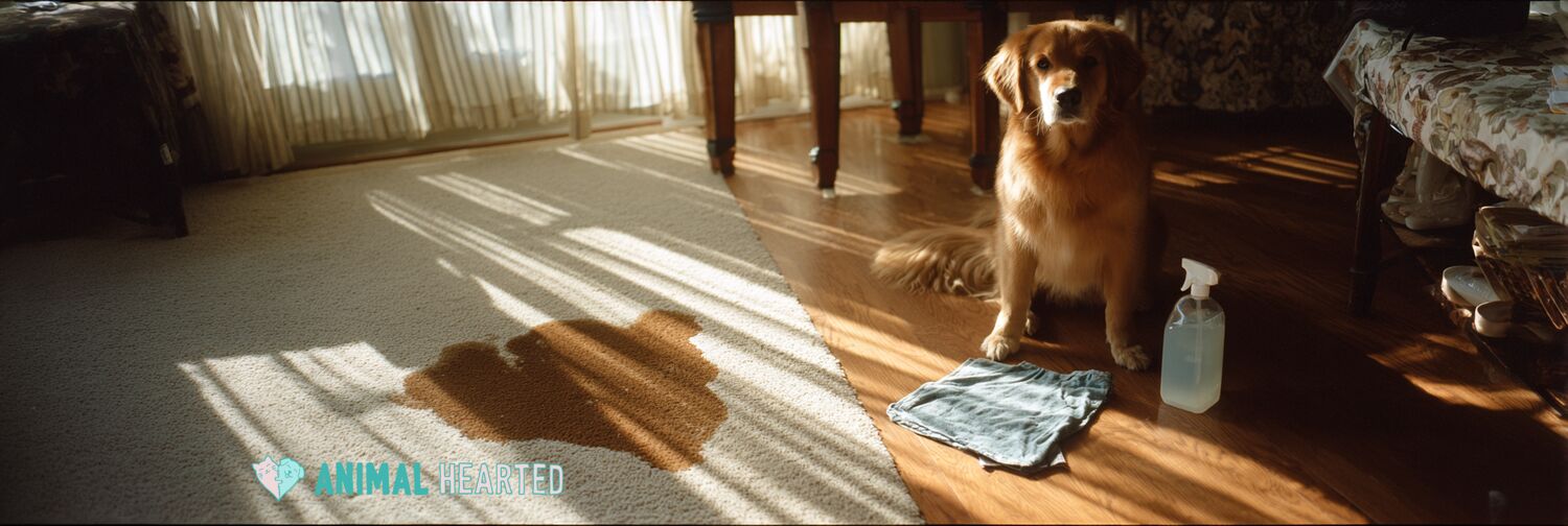 Golden retriever sitting next to a carpet stain in a living room