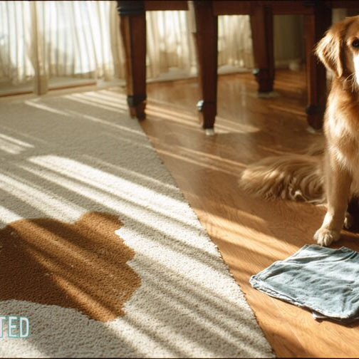 Golden retriever sitting next to a carpet stain in a living room