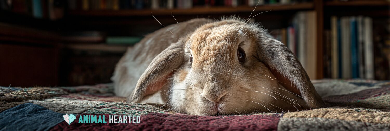 Elderly Holland Lop rabbit resting on a patchwork quilt