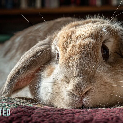 Elderly Holland Lop rabbit resting on a patchwork quilt
