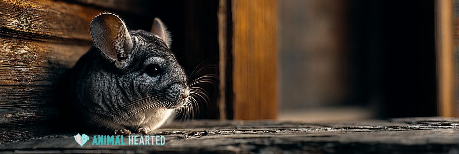 Chinchilla on weathered dark oak in golden hour light