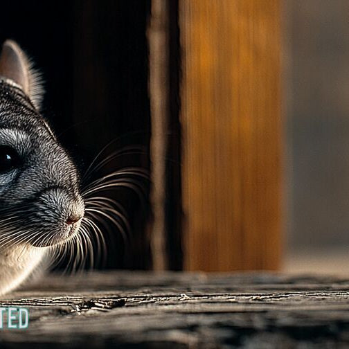 Chinchilla on weathered dark oak in golden hour light