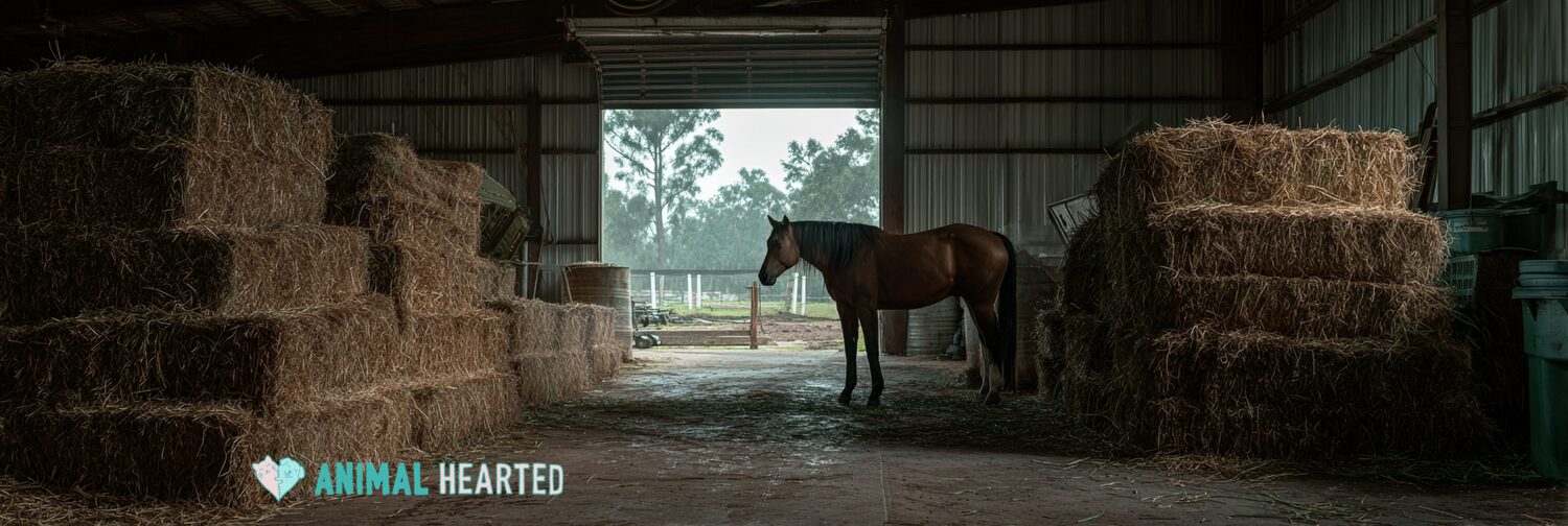 Florida show horse standing beside stacked western hay bales inside a covered barn