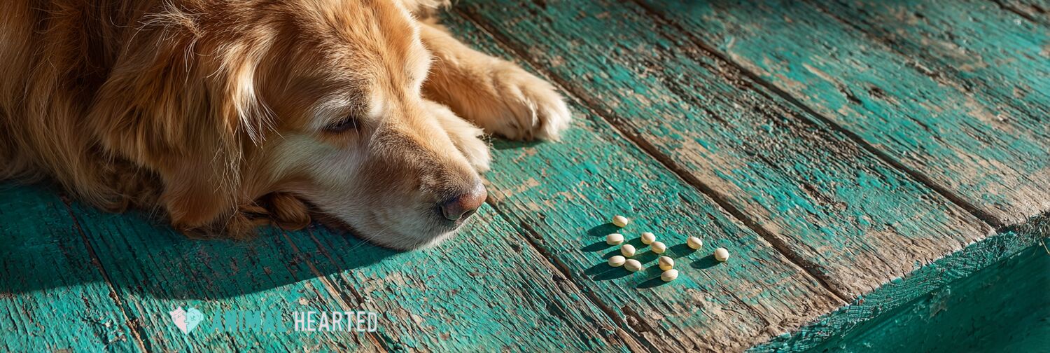Golden retriever on a teal porch with fish oil capsules