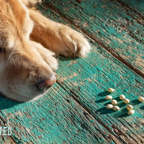 Golden retriever on a teal porch with fish oil capsules