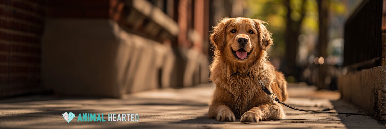 Golden retriever sitting on a sun-dappled city sidewalk