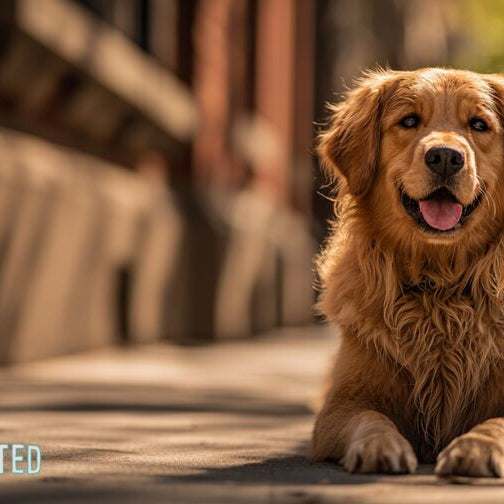 Golden retriever sitting on a sun-dappled city sidewalk