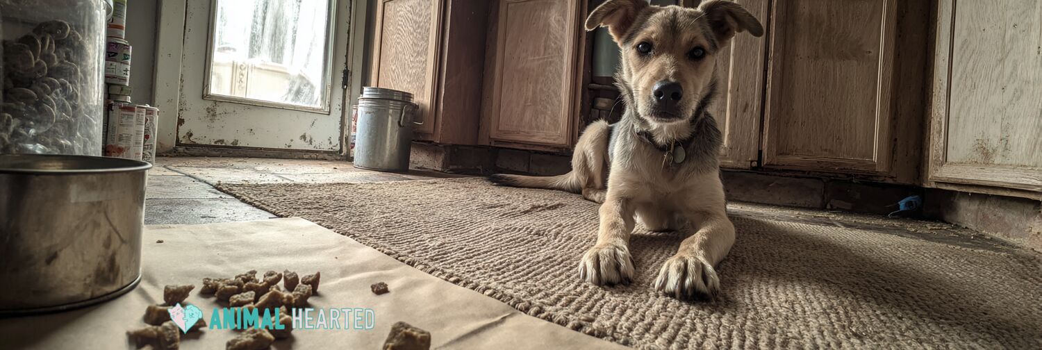 Dog waiting beside freeze-dried treats in a kitchen