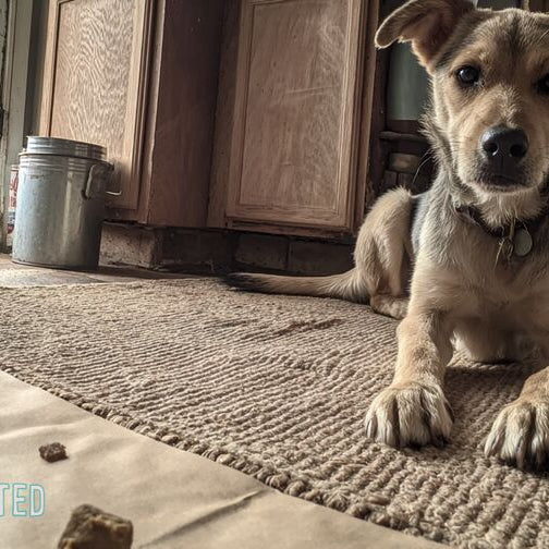Dog waiting beside freeze-dried treats in a kitchen