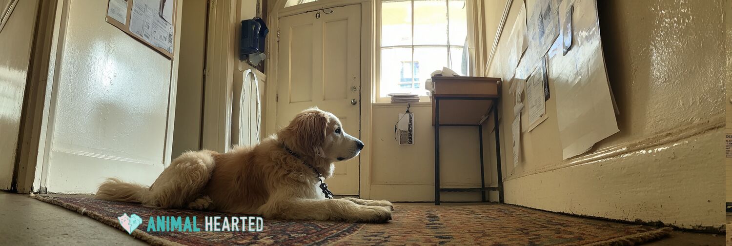 Dog lying beside an apartment entryway with a leash near the door