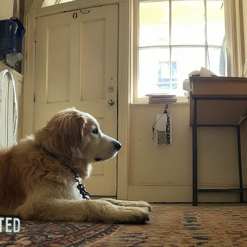 Dog lying beside an apartment entryway with a leash near the door