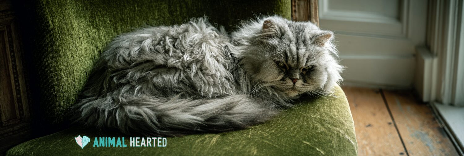 Long-haired Scottish Fold cat curled on a green velvet armchair beside a window