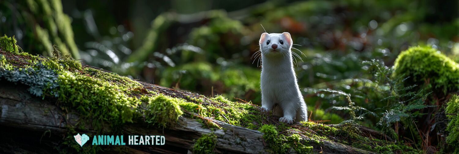 Least weasel in winter ermine coat on a mossy fallen log
