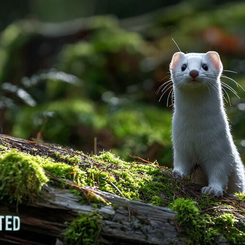 Least weasel in winter ermine coat on a mossy fallen log