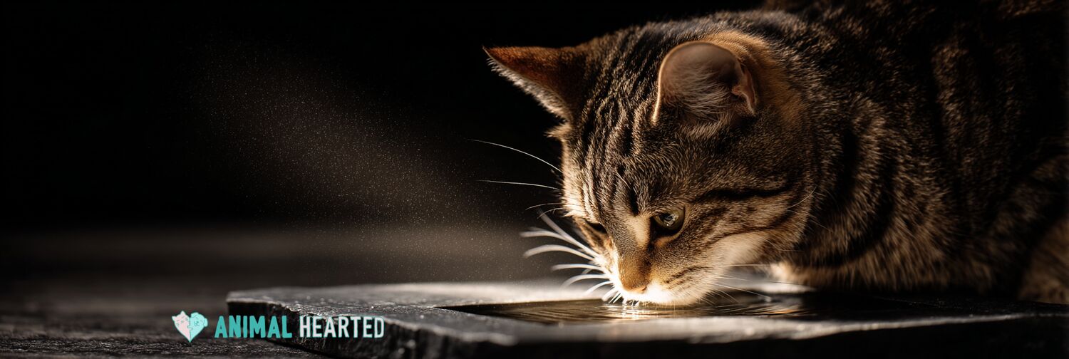 Tabby cat drinking from water fountain on dark slate