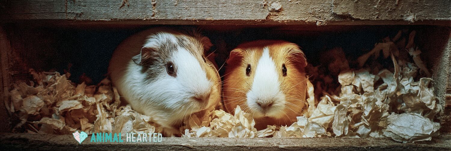 Two guinea pigs in fresh paper bedding inside wooden hutch