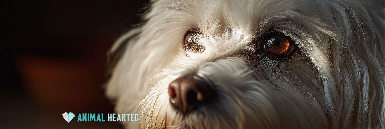 Close-up of a Maltese dog's clear amber eye in warm window light
