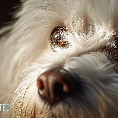 Close-up of a Maltese dog's clear amber eye in warm window light
