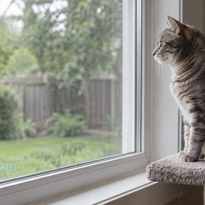 A grey tabby cat sitting on a carpeted window perch inside a home, looking out through a closed window at a fenced backyard