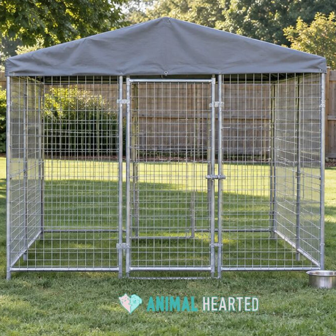 An empty galvanized wire dog kennel with a gray roof cover on a backyard lawn, with a steel water bowl by the door and tree shade beside it