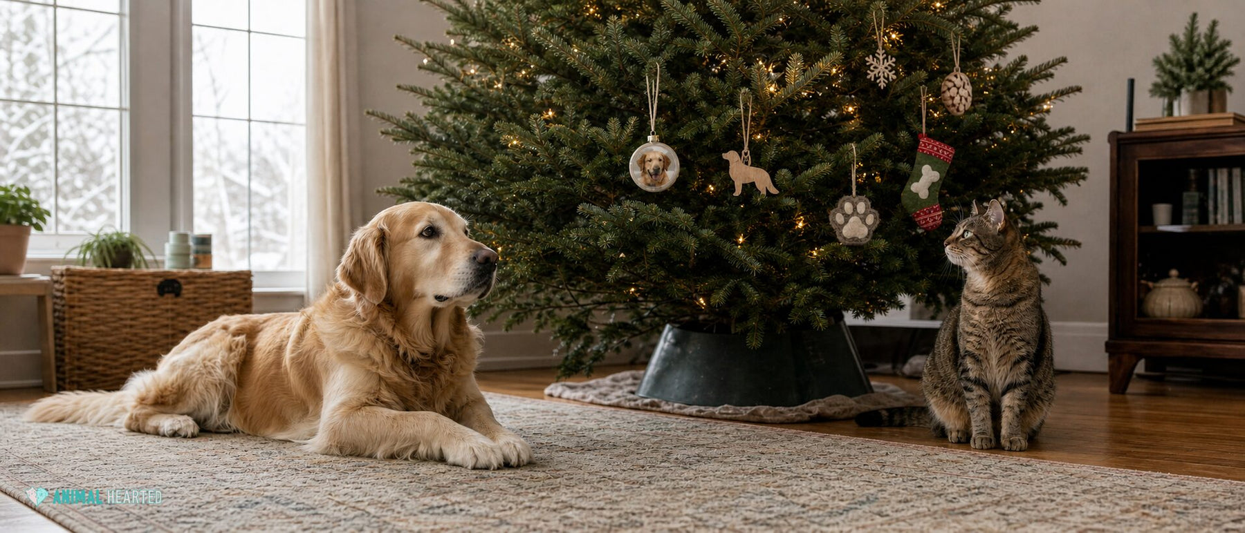 Golden retriever and tabby cat resting beside a Christmas tree decorated with personalized pet ornaments