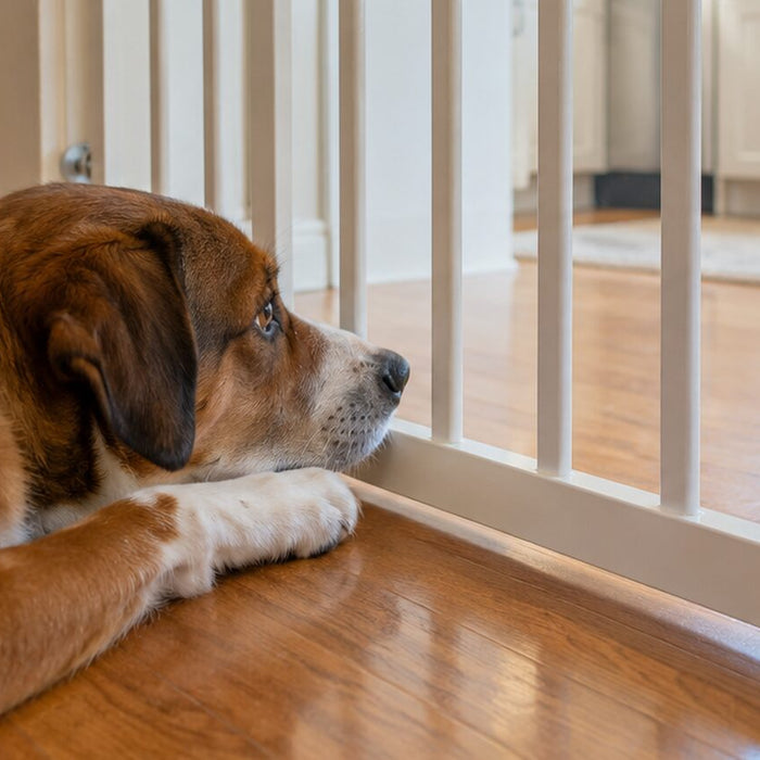 Brown and white mixed-breed dog lying on a hallway floor behind a white pet gate, looking toward an empty kitchen