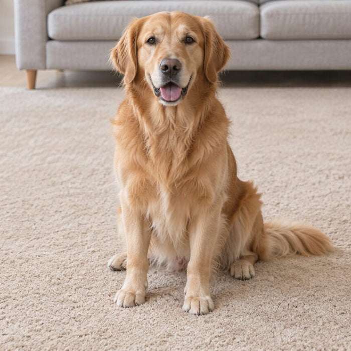 A Golden Retriever sitting on a beige carpet in a living room with a small dark damp patch on the carpet beside the dog and a gray sofa behind