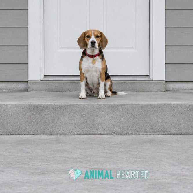 A Beagle in a red collar with a round tag sitting on a concrete front step in front of a white door