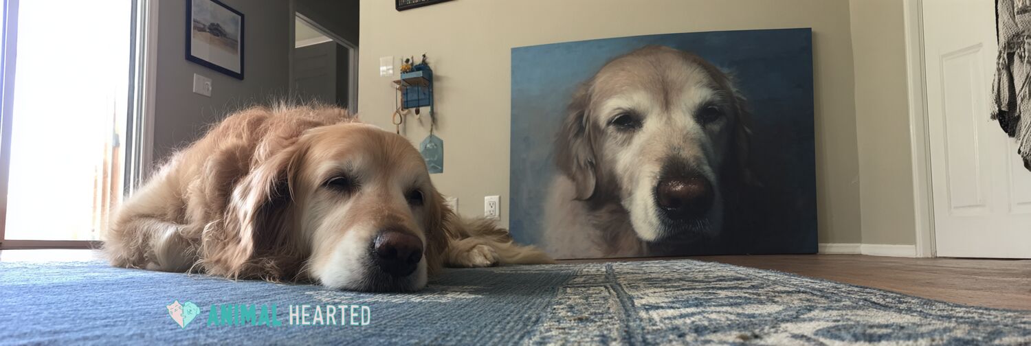 Senior golden retriever beside a framed portrait in a living room