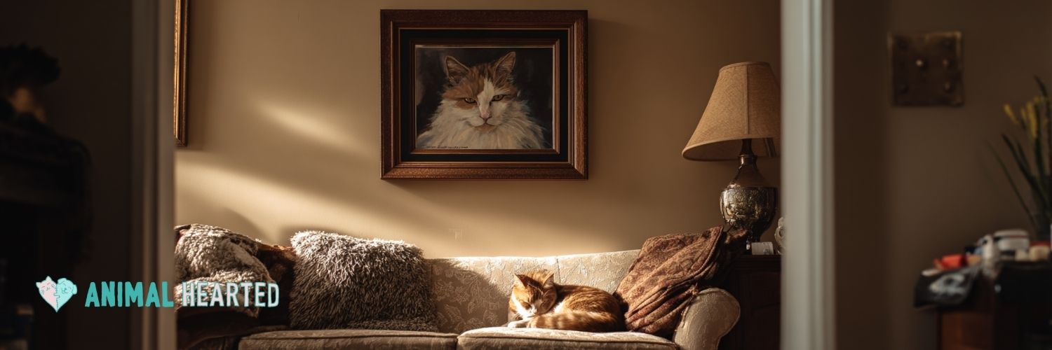A portrait of a cat with the cat laying in front of it