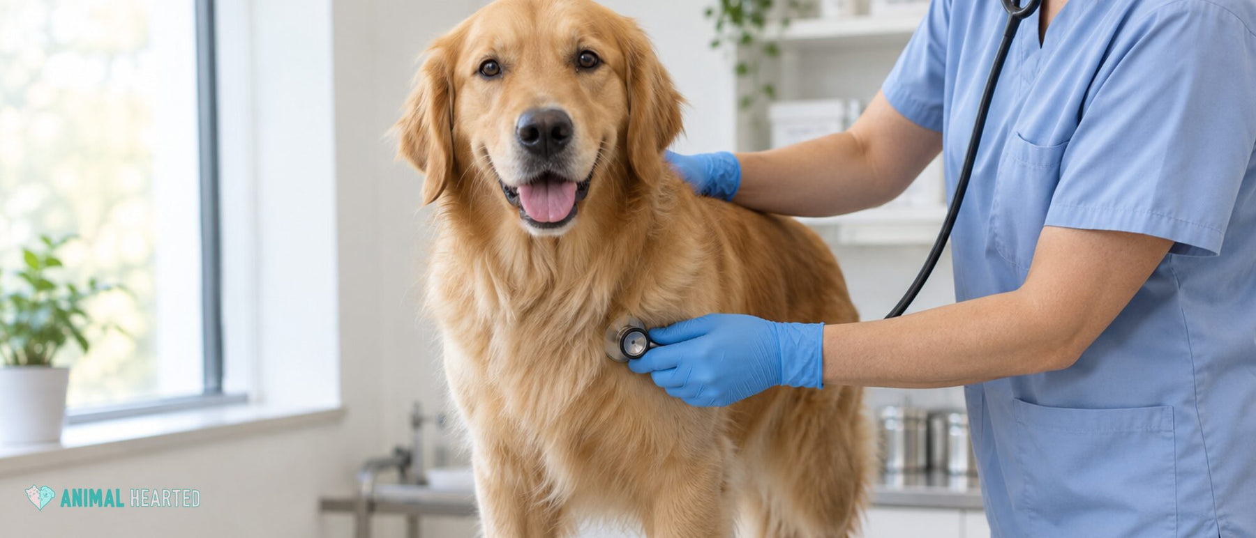 Veterinarian's gloved hands holding a stethoscope against the chest of a smiling golden retriever during a clinic exam