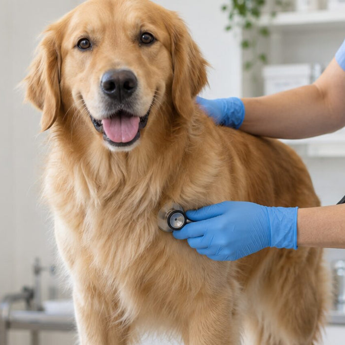 Veterinarian's gloved hands holding a stethoscope against the chest of a smiling golden retriever during a clinic exam